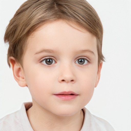 Neutral white child female with short  brown hair and grey eyes