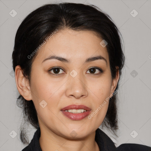 Joyful latino young-adult female with medium  brown hair and brown eyes