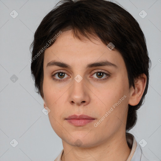 Neutral white young-adult female with medium  brown hair and brown eyes