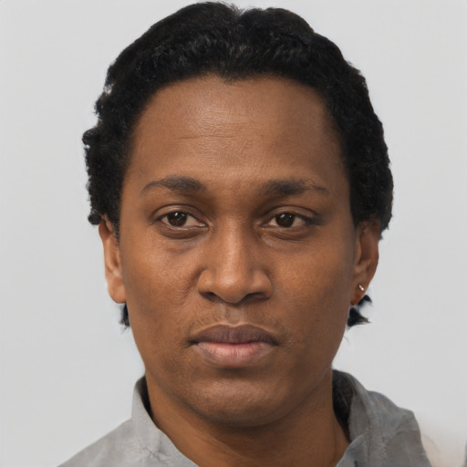 Neutral black adult female with short  black hair and brown eyes