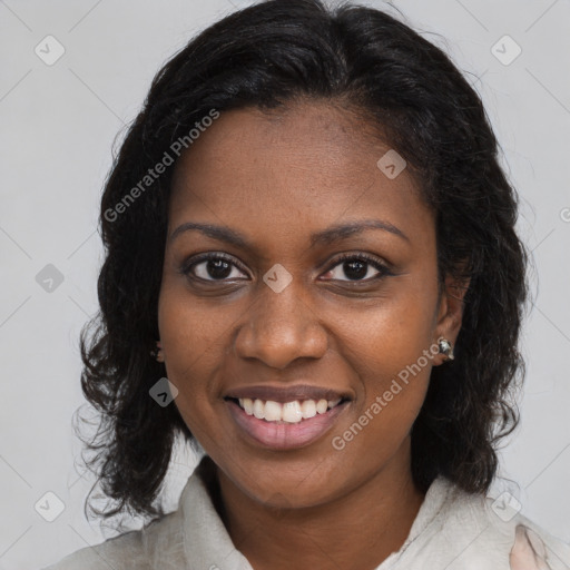 Joyful black young-adult female with medium  brown hair and brown eyes