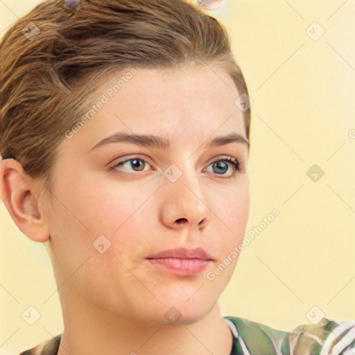 Neutral white young-adult female with short  brown hair and brown eyes