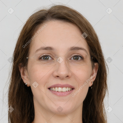 Joyful white young-adult female with long  brown hair and grey eyes