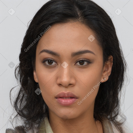 Neutral asian young-adult female with long  brown hair and brown eyes