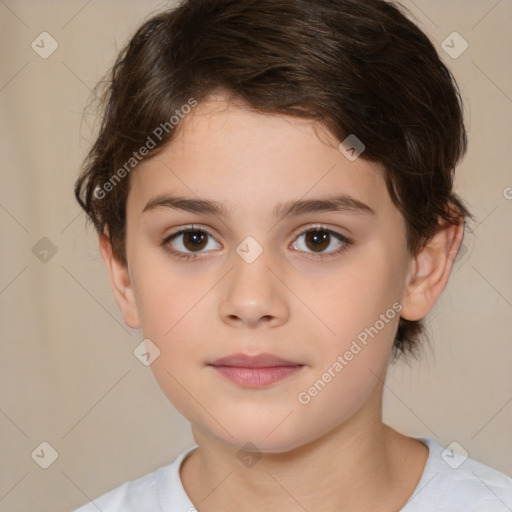 Joyful white child female with medium  brown hair and brown eyes