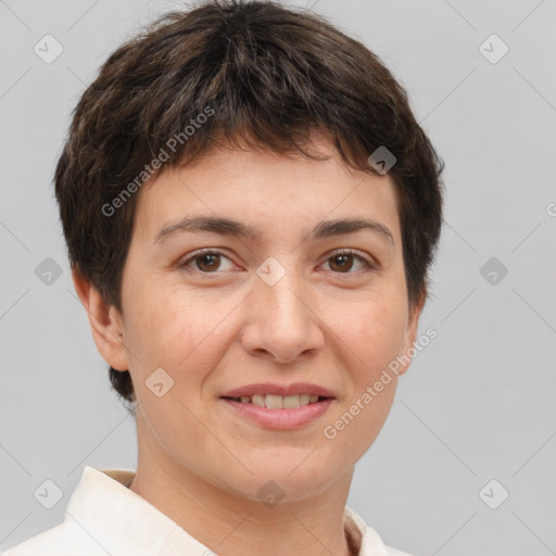 Joyful white young-adult female with short  brown hair and brown eyes