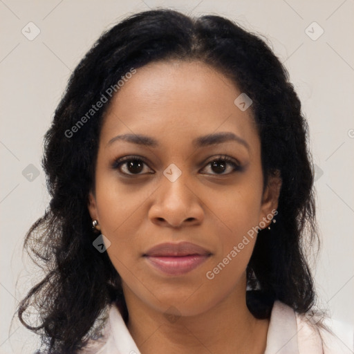 Joyful black young-adult female with medium  black hair and brown eyes