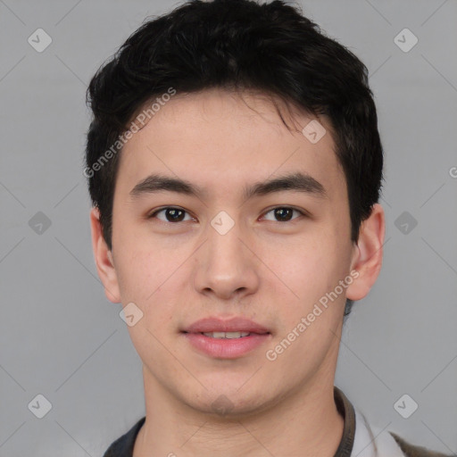 Neutral asian young-adult male with short  black hair and brown eyes