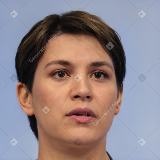 Neutral white young-adult female with short  brown hair and brown eyes