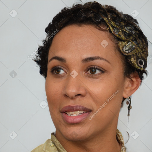 Joyful latino young-adult female with short  brown hair and brown eyes