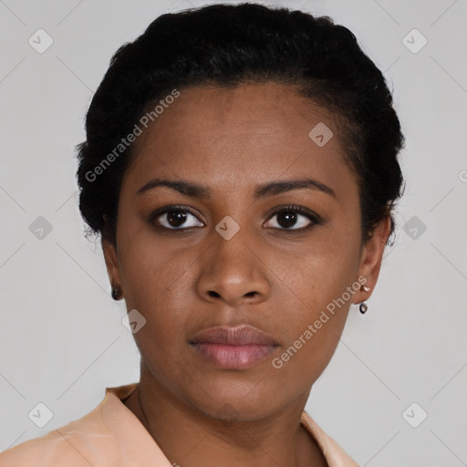 Neutral black young-adult female with short  black hair and brown eyes