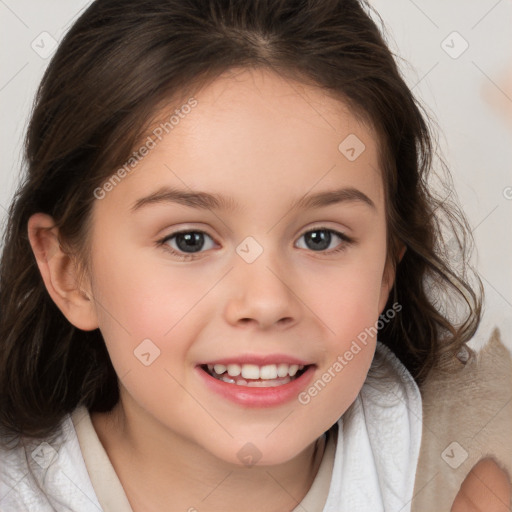 Joyful white child female with medium  brown hair and brown eyes