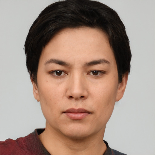 Neutral white young-adult female with short  black hair and brown eyes