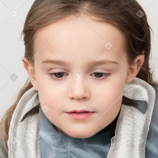 Neutral white child female with medium  brown hair and blue eyes