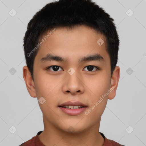 Neutral asian young-adult male with short  brown hair and brown eyes