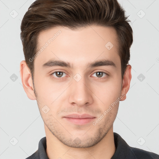 Neutral white young-adult male with short  brown hair and brown eyes