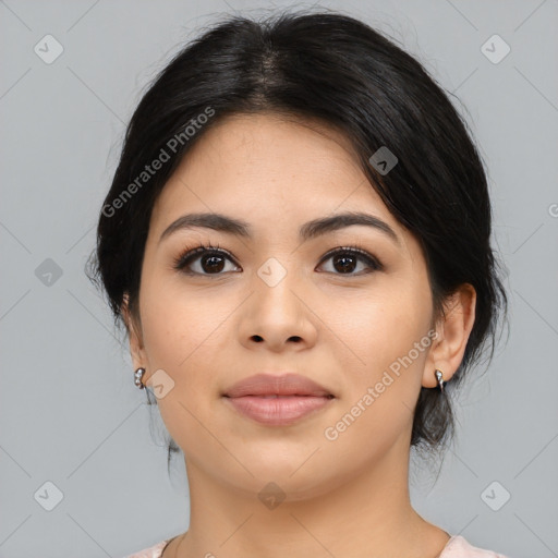 Joyful asian young-adult female with medium  black hair and brown eyes