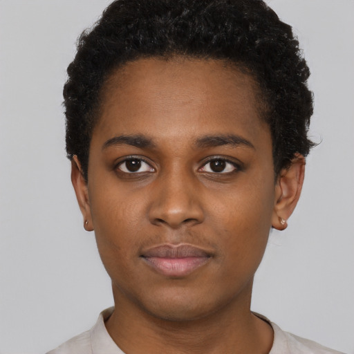 Neutral black young-adult female with short  black hair and brown eyes