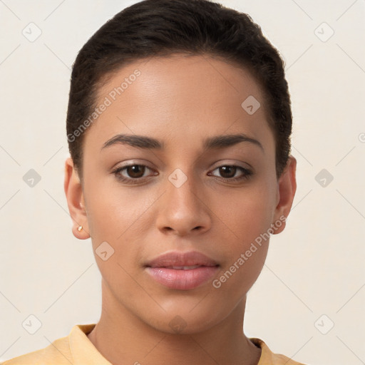 Neutral white young-adult female with short  brown hair and brown eyes