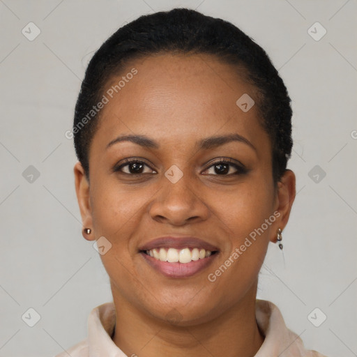 Joyful latino young-adult female with short  black hair and brown eyes