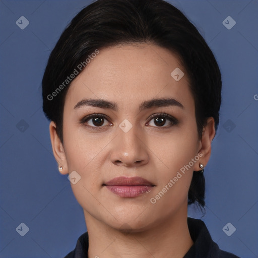 Joyful white young-adult female with short  black hair and brown eyes