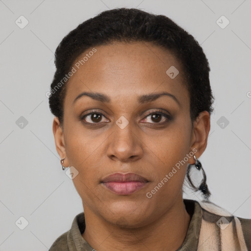 Neutral black young-adult female with short  black hair and brown eyes