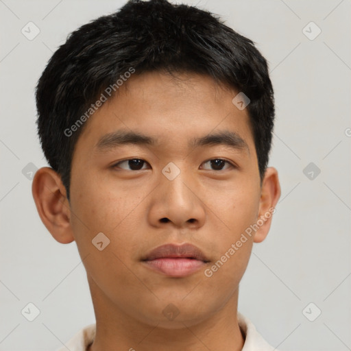 Neutral asian young-adult male with short  brown hair and brown eyes