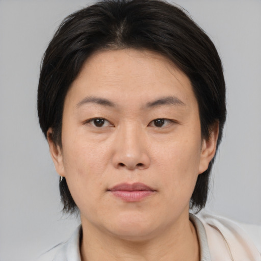Neutral asian young-adult female with medium  brown hair and brown eyes