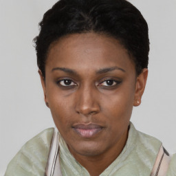 Neutral black young-adult female with short  black hair and brown eyes