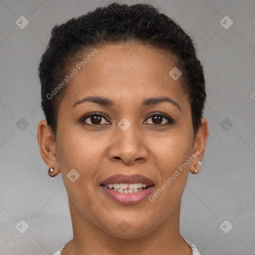 Joyful latino young-adult female with short  brown hair and brown eyes