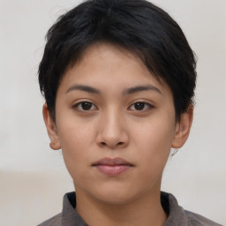 Neutral asian young-adult female with short  brown hair and brown eyes