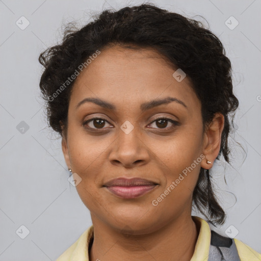 Joyful black young-adult female with medium  brown hair and brown eyes