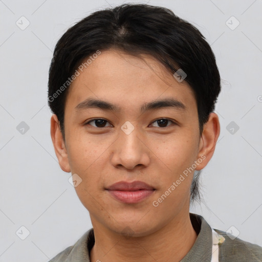 Joyful asian young-adult male with short  brown hair and brown eyes