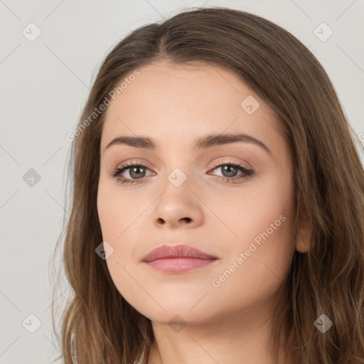 Neutral white young-adult female with long  brown hair and brown eyes