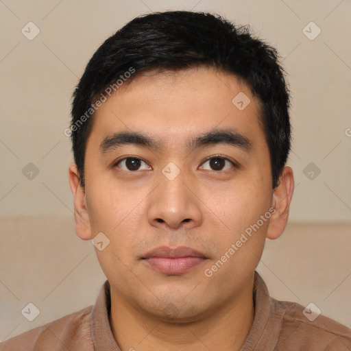 Neutral asian young-adult male with short  black hair and brown eyes