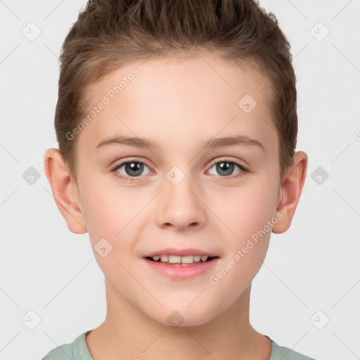 Joyful white child female with short  brown hair and brown eyes