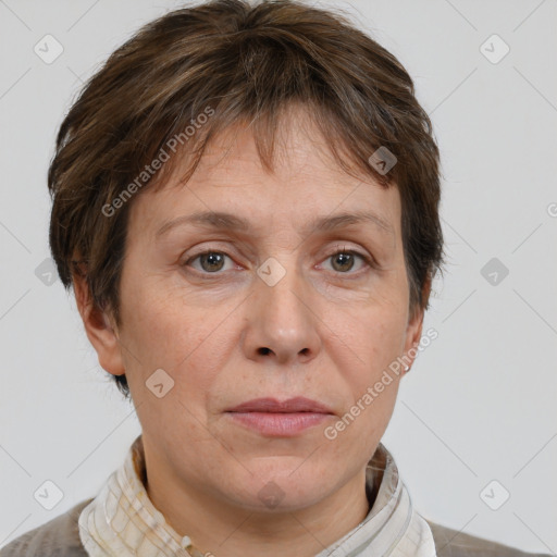 Joyful white adult female with short  brown hair and brown eyes