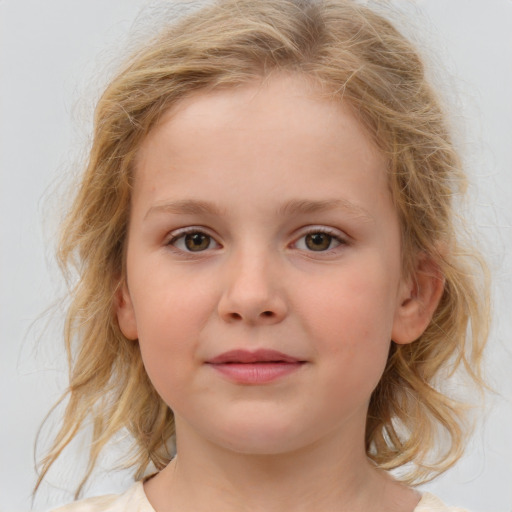 Joyful white child female with medium  brown hair and blue eyes