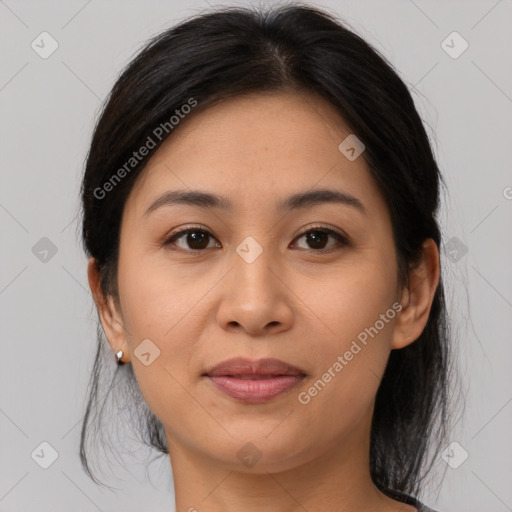 Joyful asian young-adult female with medium  brown hair and brown eyes