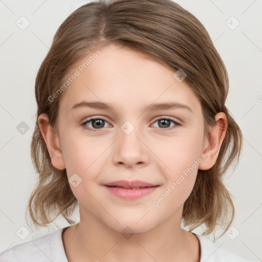 Joyful white child female with medium  brown hair and grey eyes