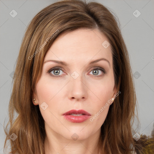 Neutral white young-adult female with long  brown hair and grey eyes