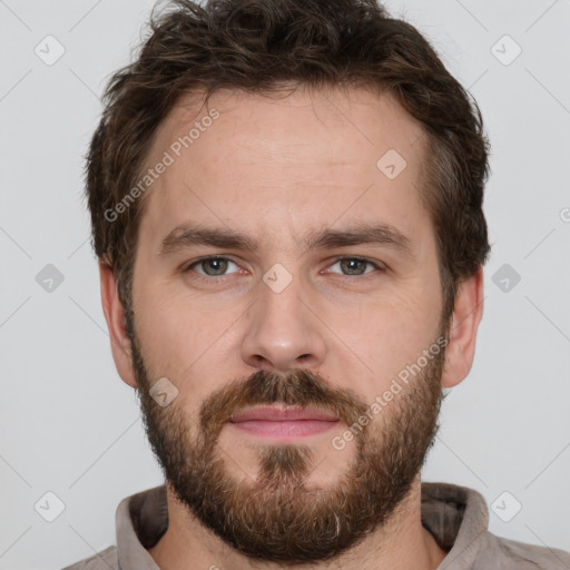 Neutral white young-adult male with short  brown hair and brown eyes