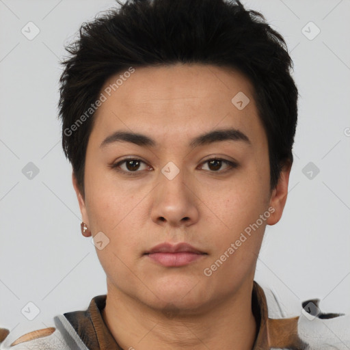 Neutral asian young-adult male with short  black hair and brown eyes