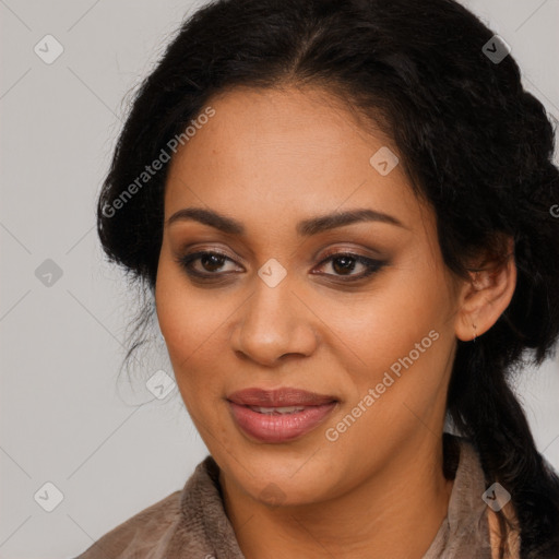 Joyful latino young-adult female with long  black hair and brown eyes