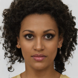 Neutral black young-adult female with medium  brown hair and brown eyes