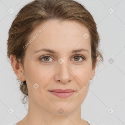 Joyful white young-adult female with medium  brown hair and green eyes