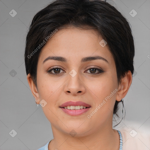 Joyful white young-adult female with medium  brown hair and brown eyes