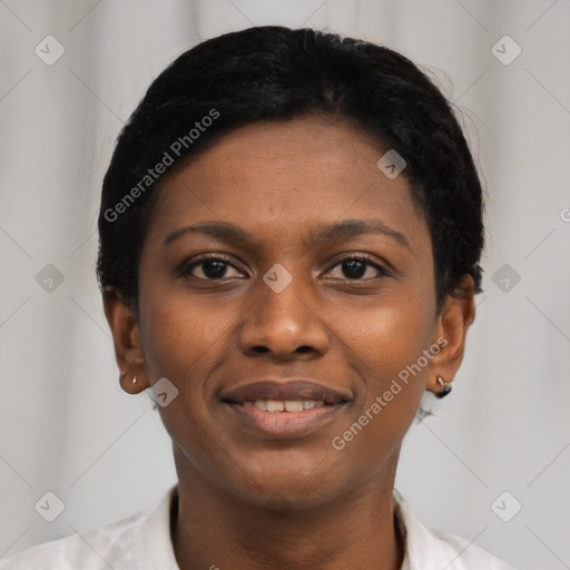 Joyful latino young-adult female with short  black hair and brown eyes