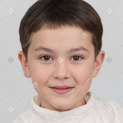 Joyful white child male with short  brown hair and brown eyes