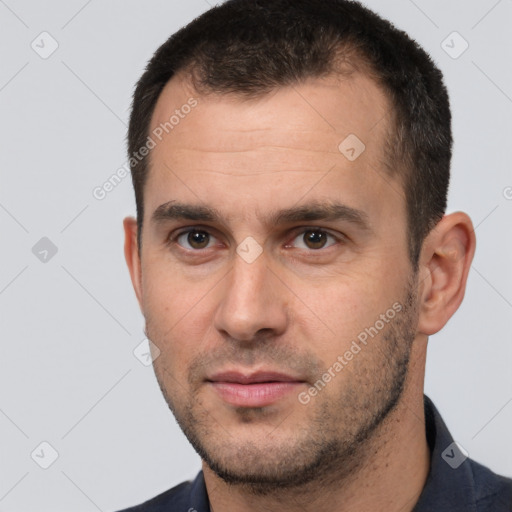 Neutral white young-adult male with short  brown hair and brown eyes